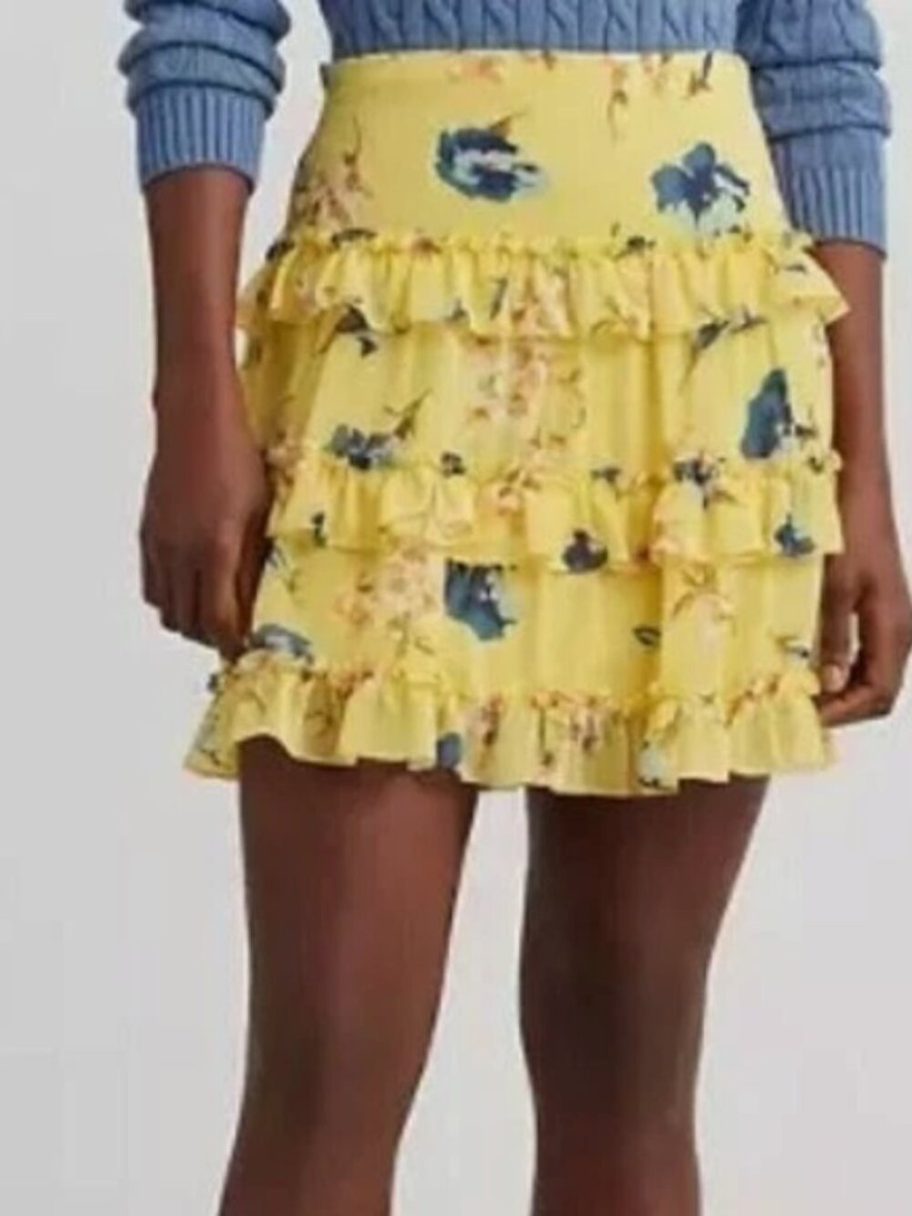 Lauren Ralph Lauren Mini Skirt Women 12 Yellow NEW Floral Tiered Ruffle Chiffon